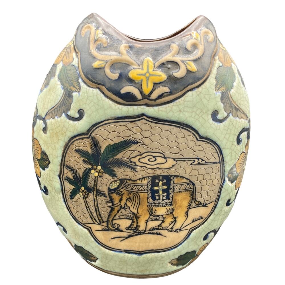 Formalities by Baum Bros. Vase Elephant Palm Tree CrackleWare Design 9" INDIA